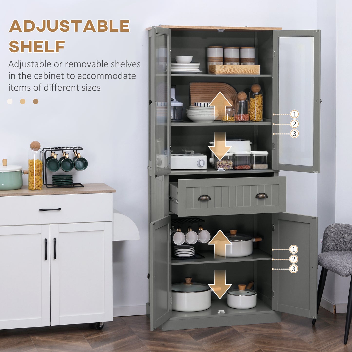 Todi Hael Wooden Grey 180 cm Tall Kitchen Pantry Cabinet Adjustable Shelves And Drawer Storage