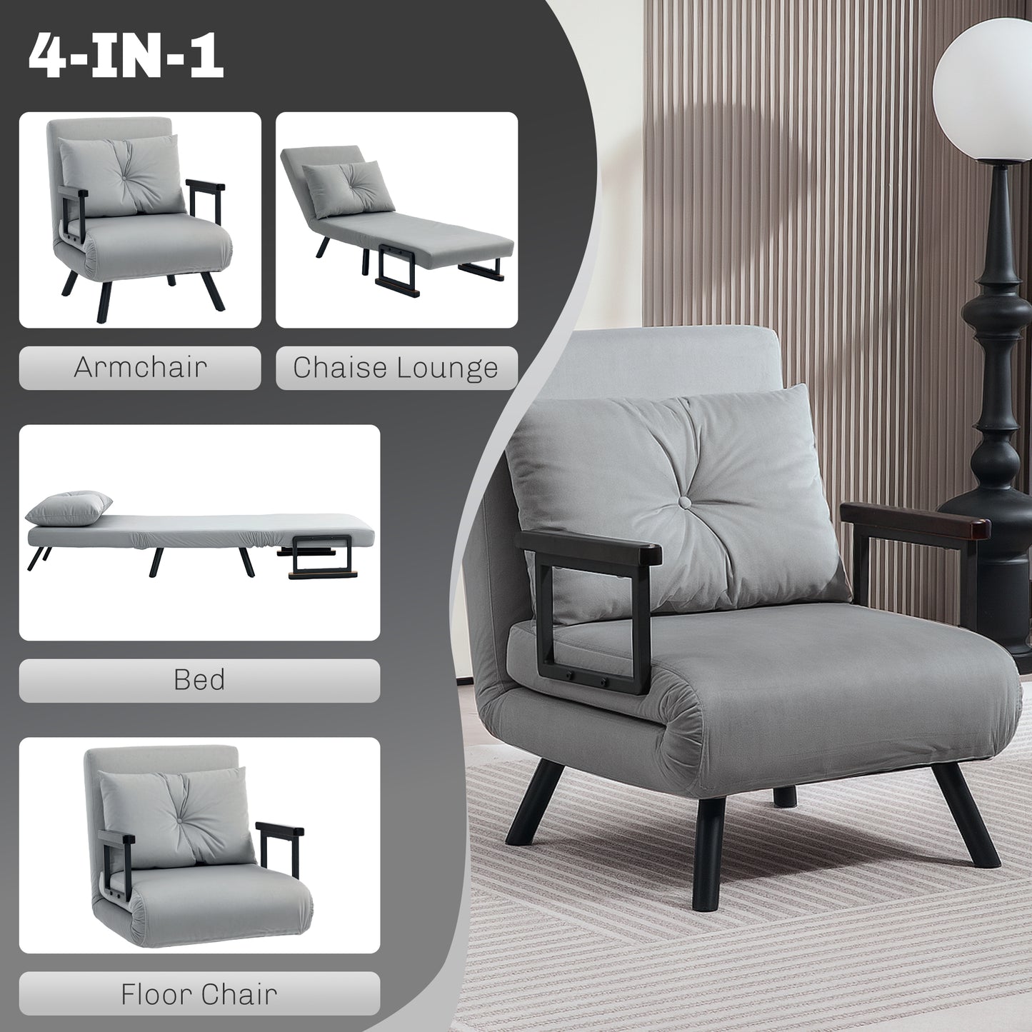 Taso Light Grey 4 In One Convertible Single Chair Bed With Cushion