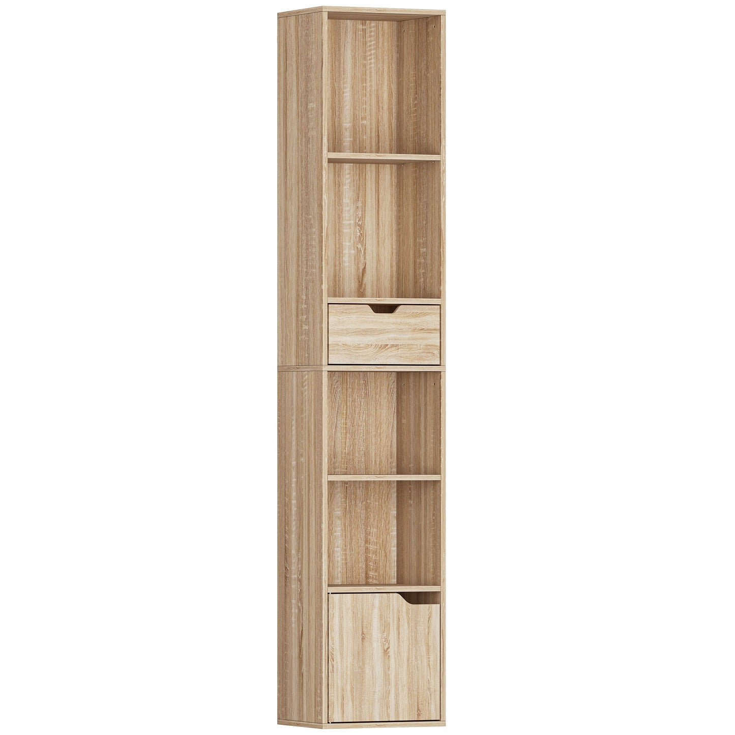 Lamoke Colu Wooden Natural Finish Tall Narrow 6 Tier Bookcase With Drawer And Door