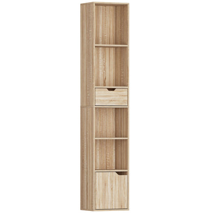 Lamoke Colu Wooden Natural Finish Tall Narrow 6 Tier Bookcase With Drawer And Door