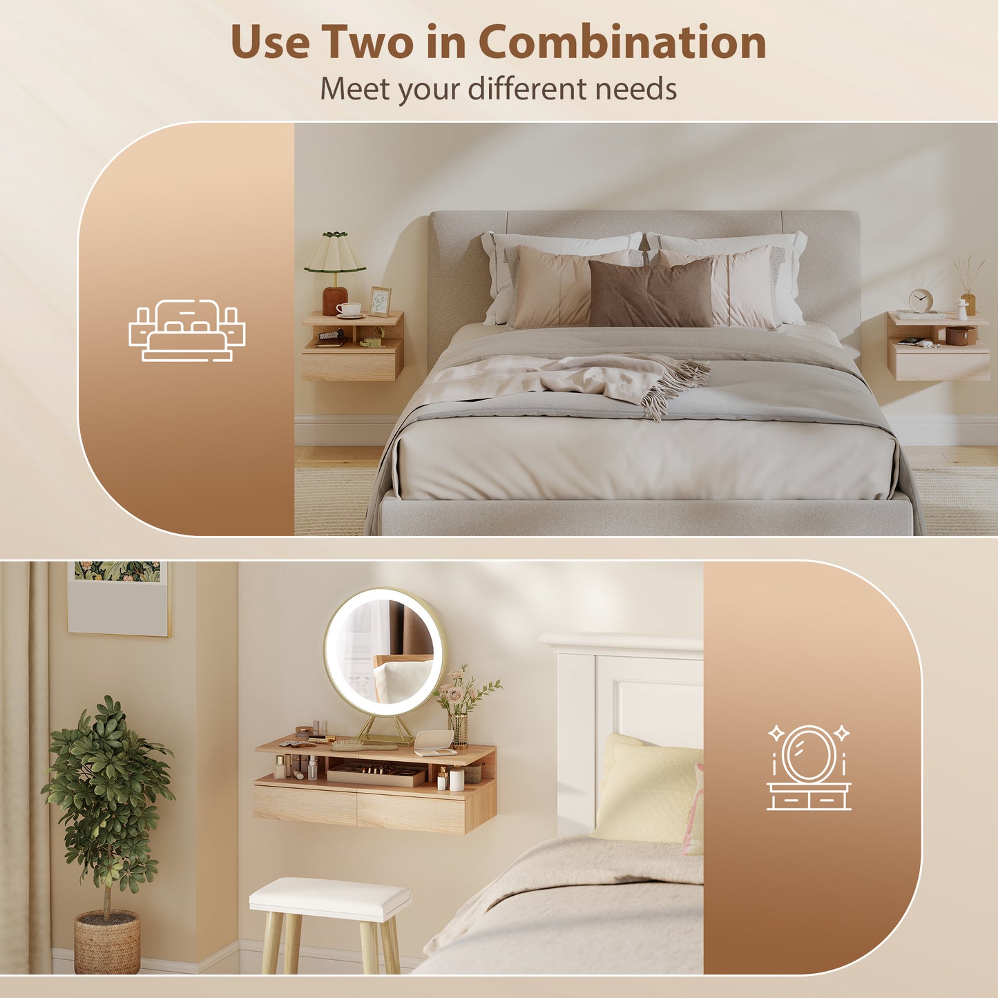Vesopa Set Of 2 Natural Wood Floating Bedside Tables Wall Mounted