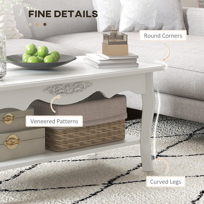 Noketa Wooden White Rectangular Mid Century Coffee Table With Storage Shelf