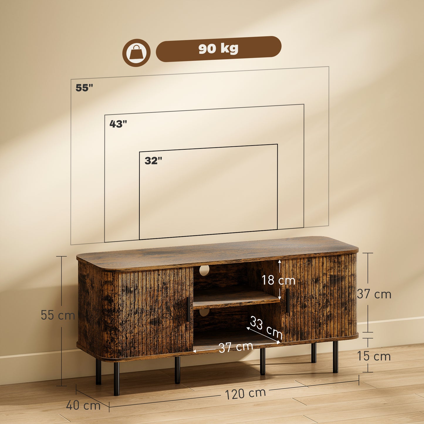 Avaniva 120cm Rustic Brown TV Console With Sliding Doors and Shelf For Screens Up To 55 Inches