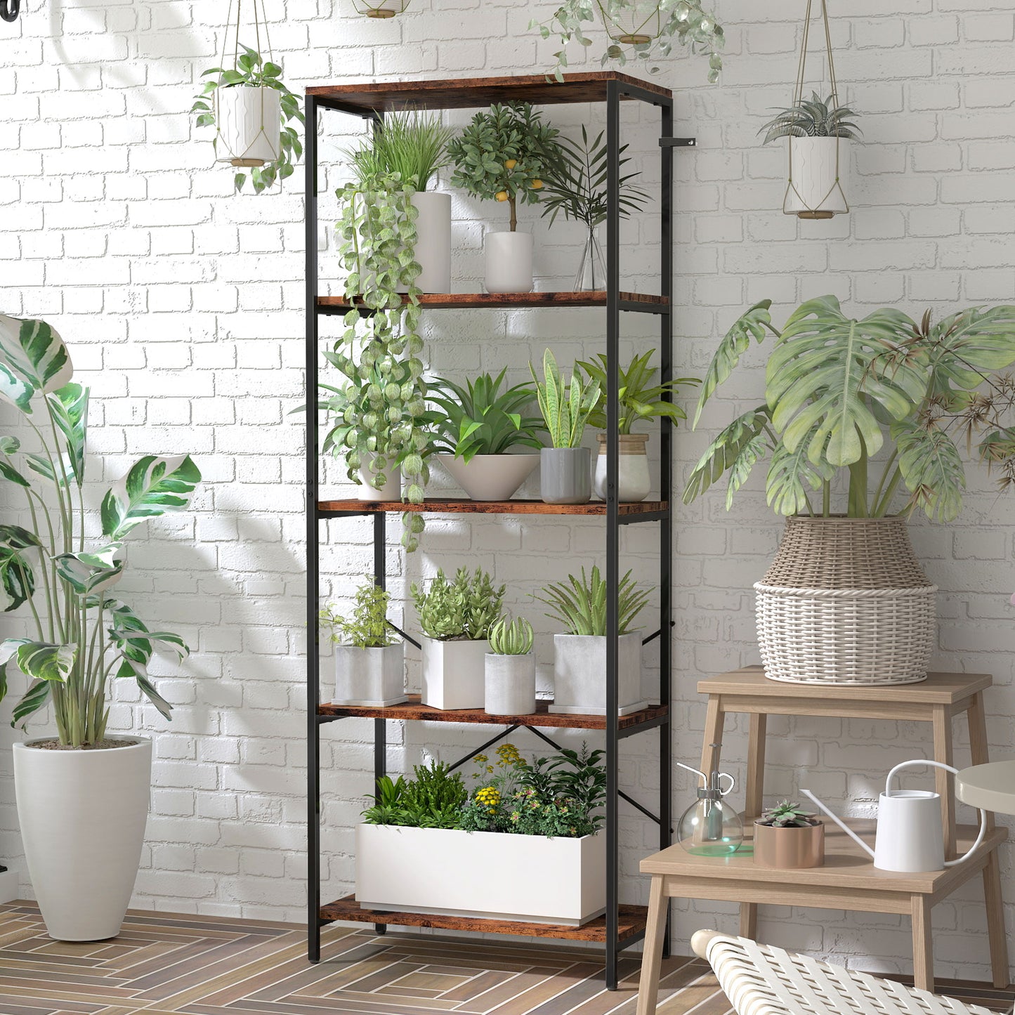 Ravitti Metal And Wood Rustic Brown And Black 5 Tier Industrial Bookcase