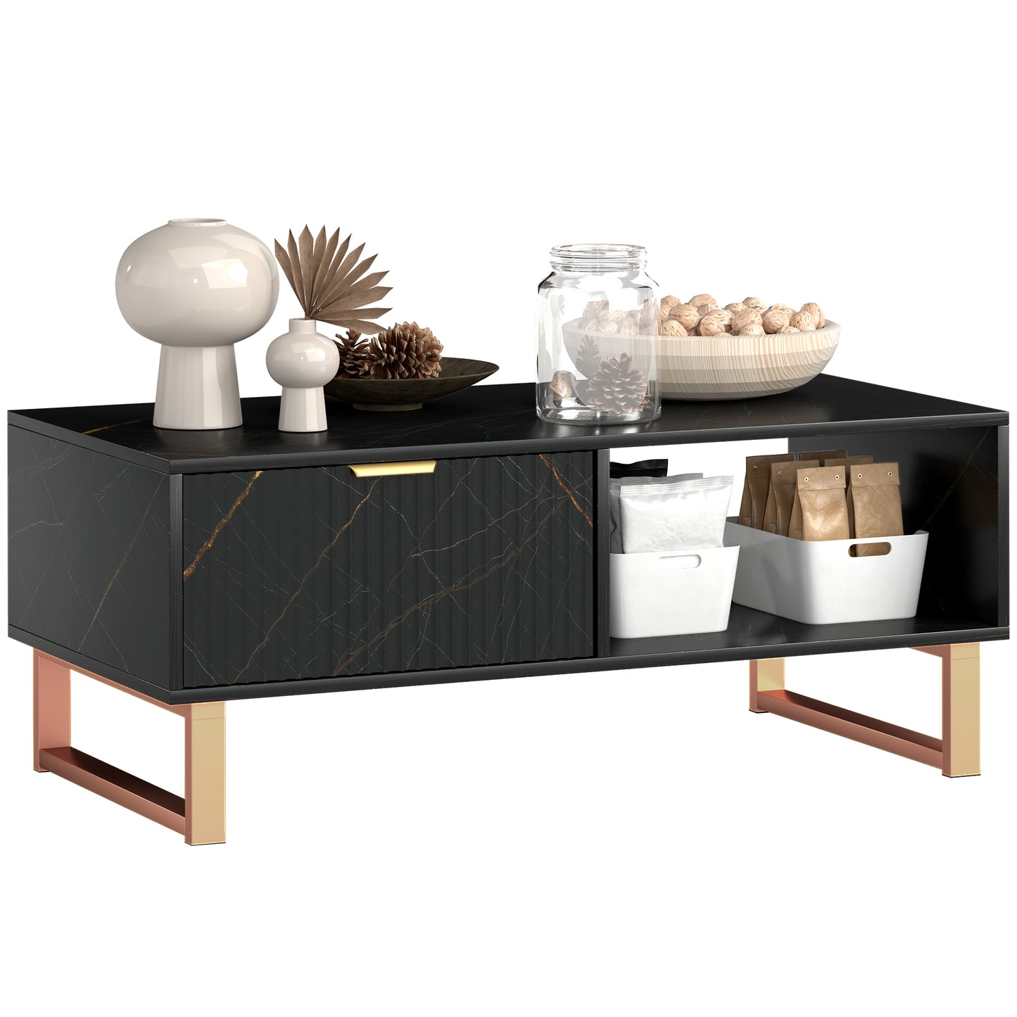 Neva Wooden Black Marble Effect Coffee Table With Integrated Storage