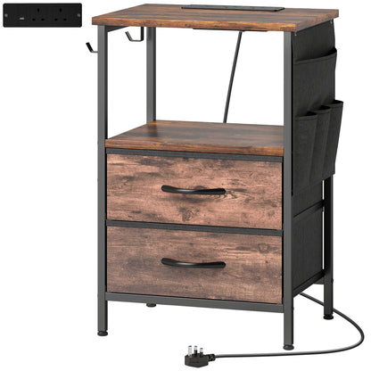 Yoroma Rustic Brown Bedside Table With Built In Charging Ports 2 Drawers
