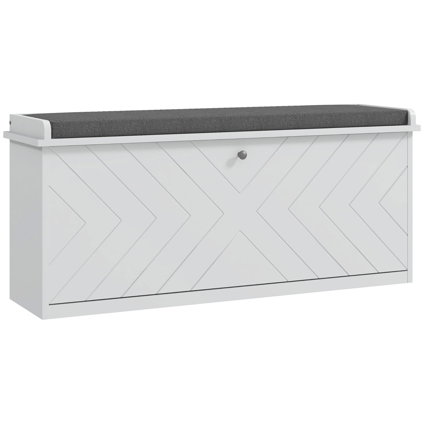 Rakamo Wooden White Chevron Shoe Bench With Grey Padded Seat For 10 Pairs