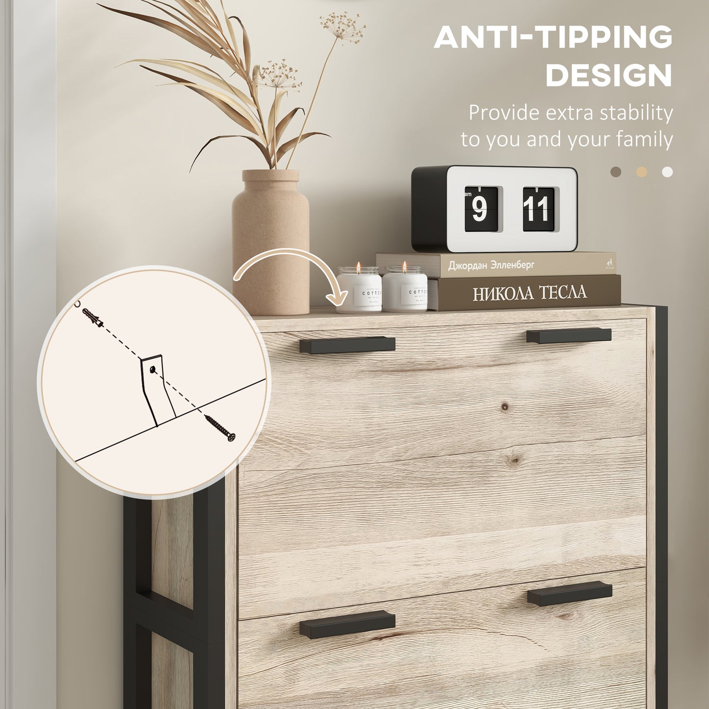 Tona Wooden Natural Wood Effect Slim Shoe Cabinet With 3 Flip Drawers For 18 Pairs
