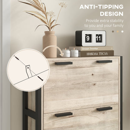Tona Wooden Natural Wood Effect Slim Shoe Cabinet With 3 Flip Drawers For 18 Pairs