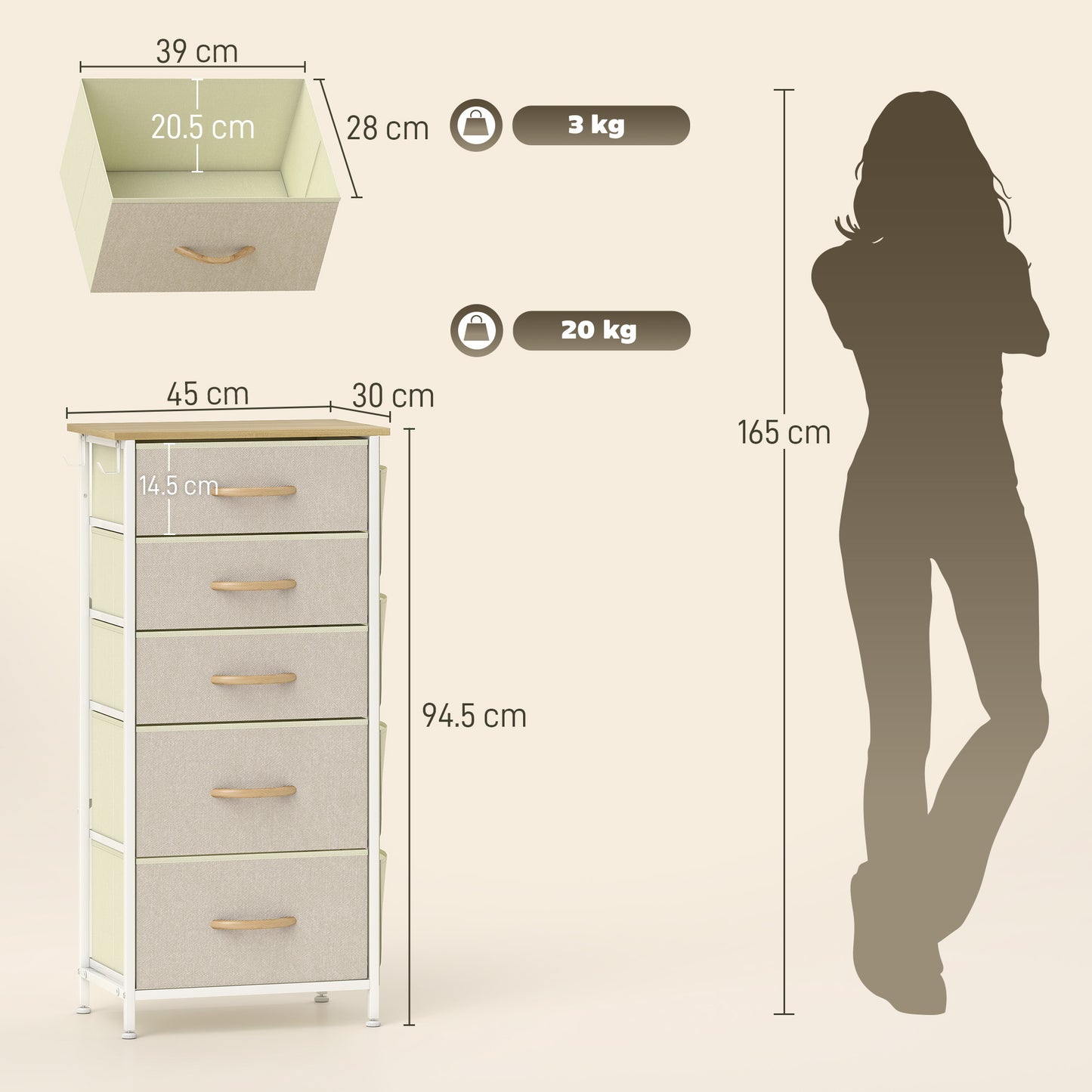 Batoro Fabric And Metal Beige 5 Drawer Storage Chest