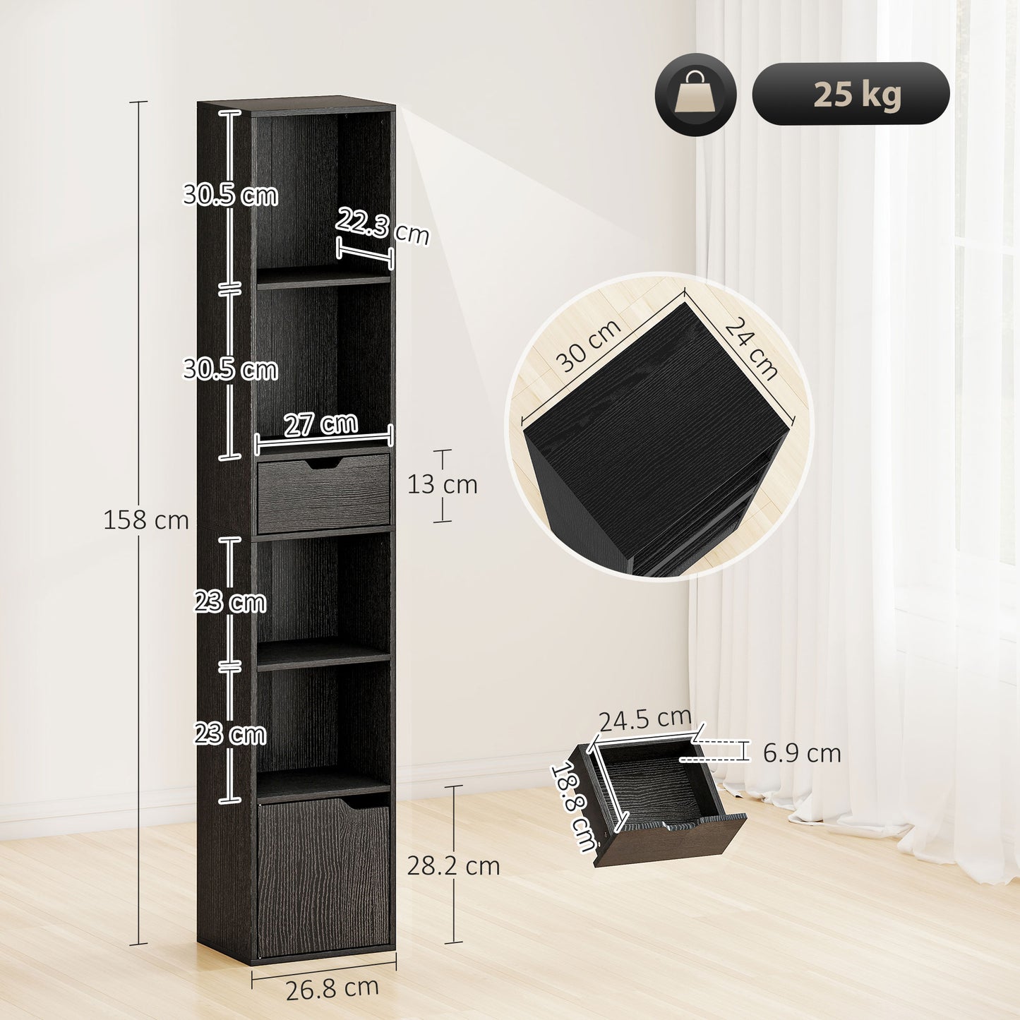 Nota Wooden Black Tall Narrow 6 Tier Bookcase With Drawer And Door