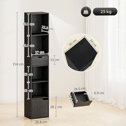 Nota Wooden Black Tall Narrow 6 Tier Bookcase With Drawer And Door
