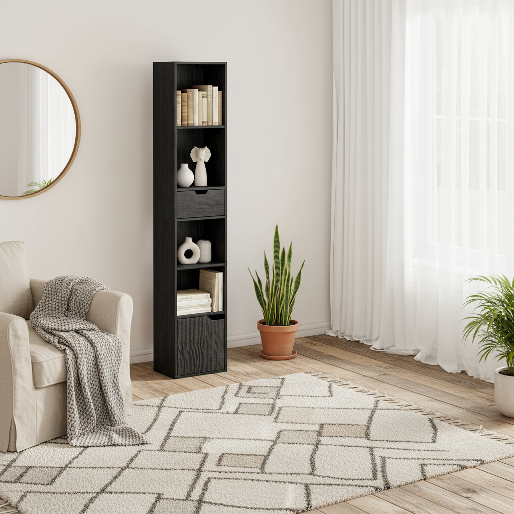 Nota Wooden Black Tall Narrow 6 Tier Bookcase With Drawer And Door
