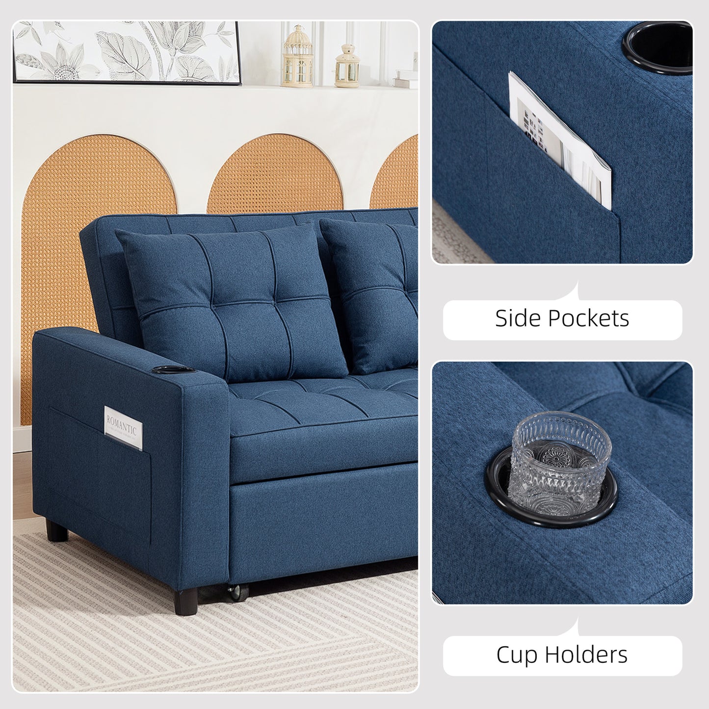 Mizifi Fabric Dark Blue 2 Seater Pull Out Sofa Bed