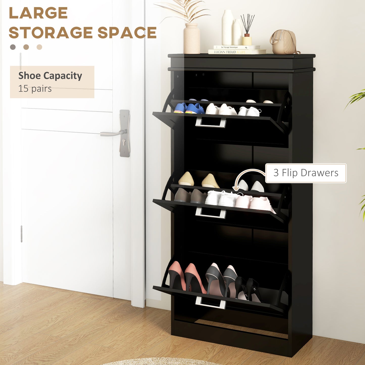 Kaso Wooden Black Minimal 3 Drawer Shoe Cabinet