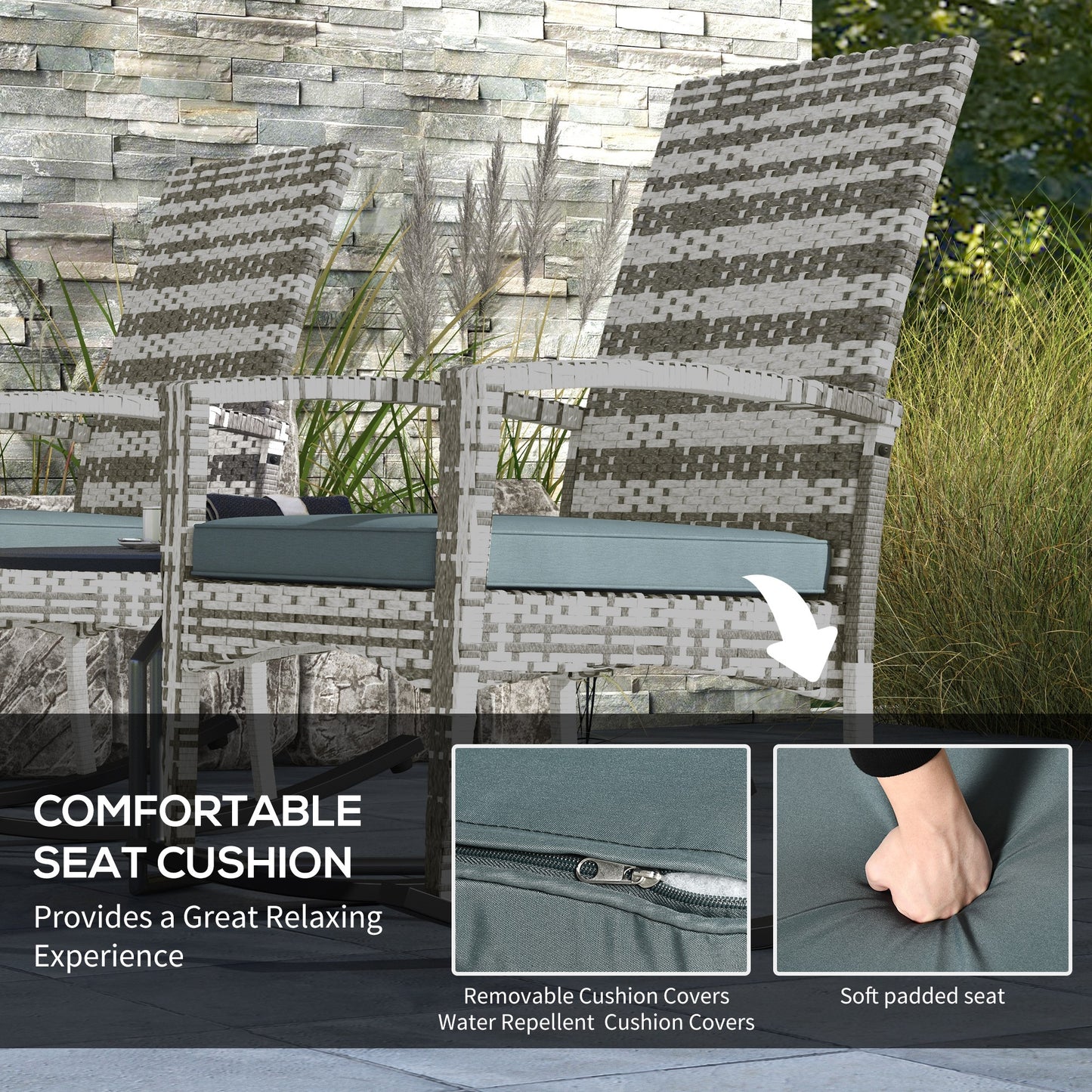 Noreke Set Of 2 Rattan Light Grey  Garden Rocking Chairs With Cushions