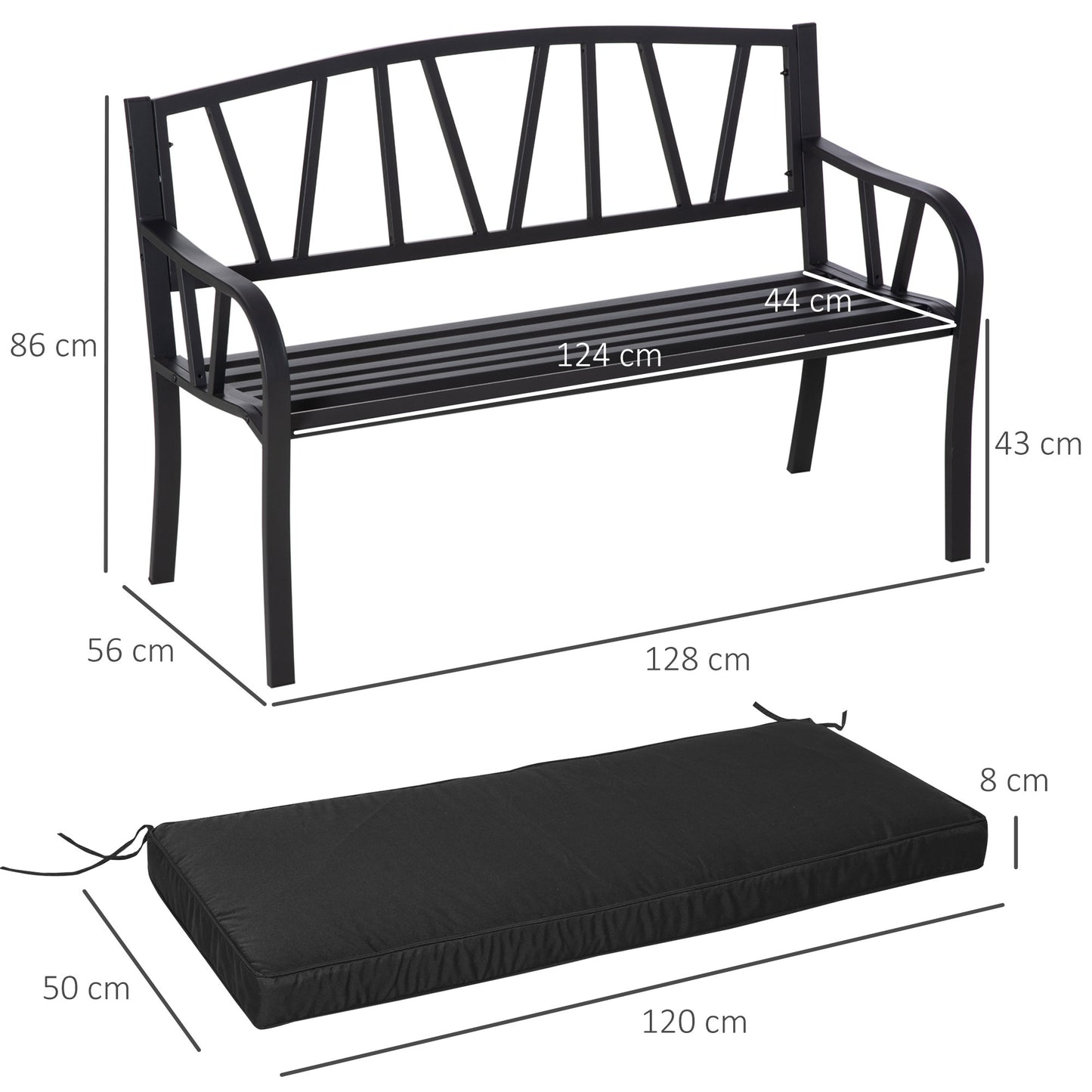 Sutte Metal Black 2 Seater Outdoor Garden Bench With Cushion and Decorative Backrest