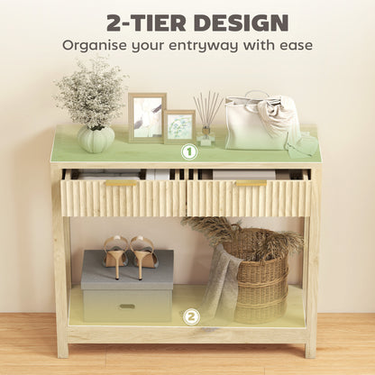 Kesoyo 90cm Wooden Natural Fluted Drawer Console Table With Lower Shelf
