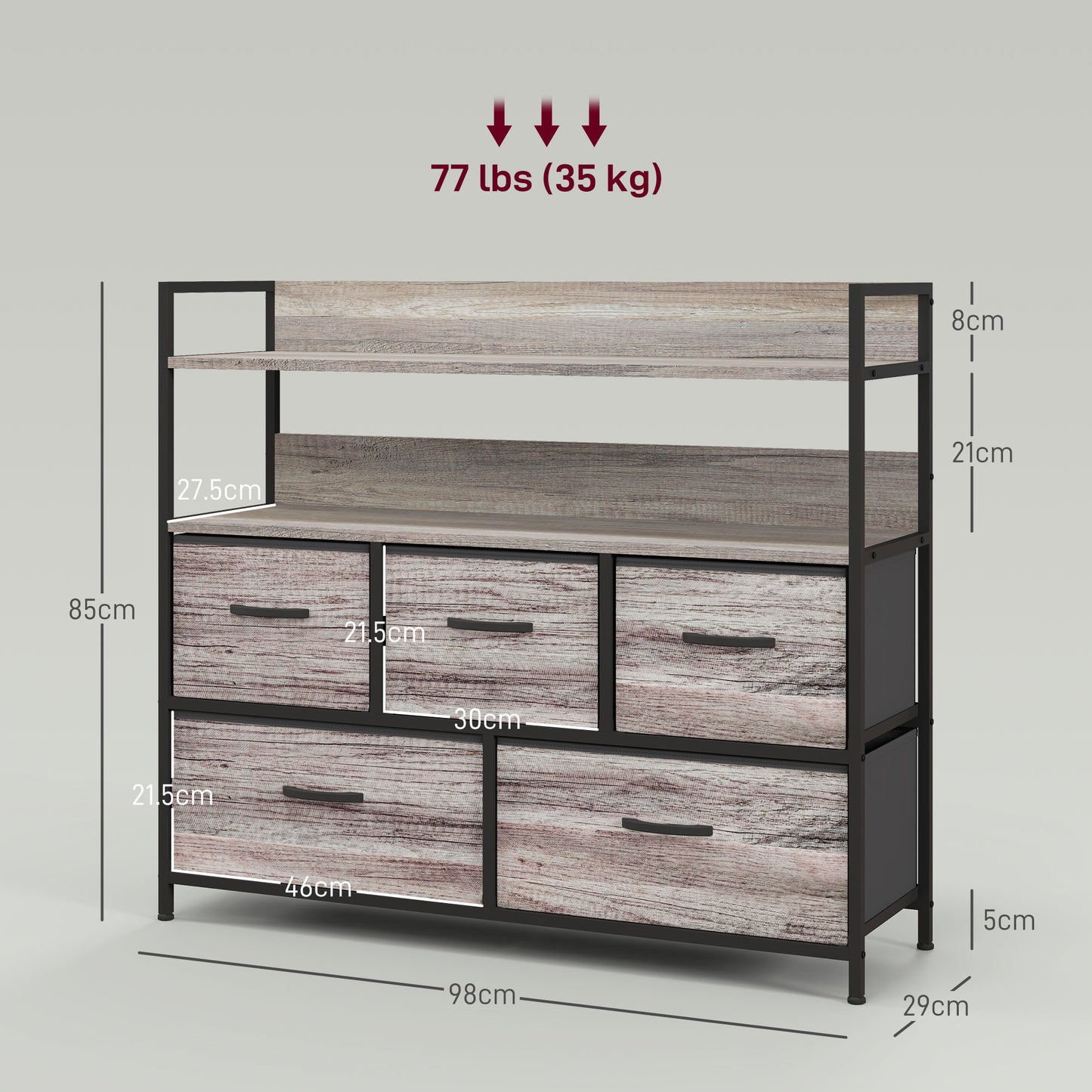 Rimo Fabric And Wood Grey Wood Effect 5 Drawer Rustic Storage Chest