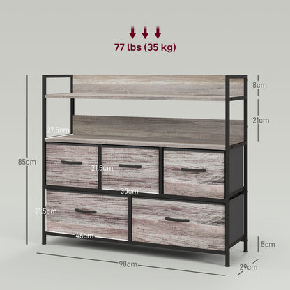 Rimo Fabric And Wood Grey Wood Effect 5 Drawer Rustic Storage Chest