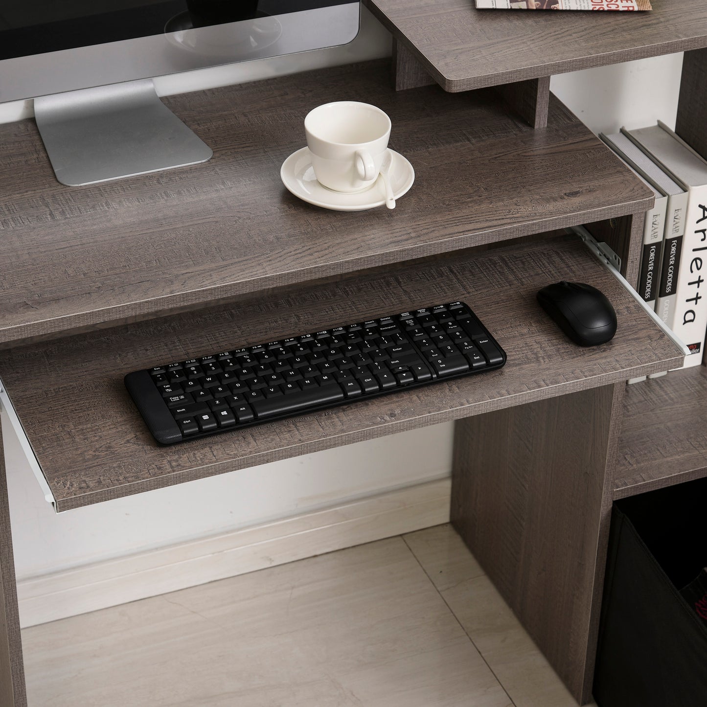 Ramo 100cm Wooden Grey Home Office Desk With Keyboard Tray Drawer And Side Shelving
