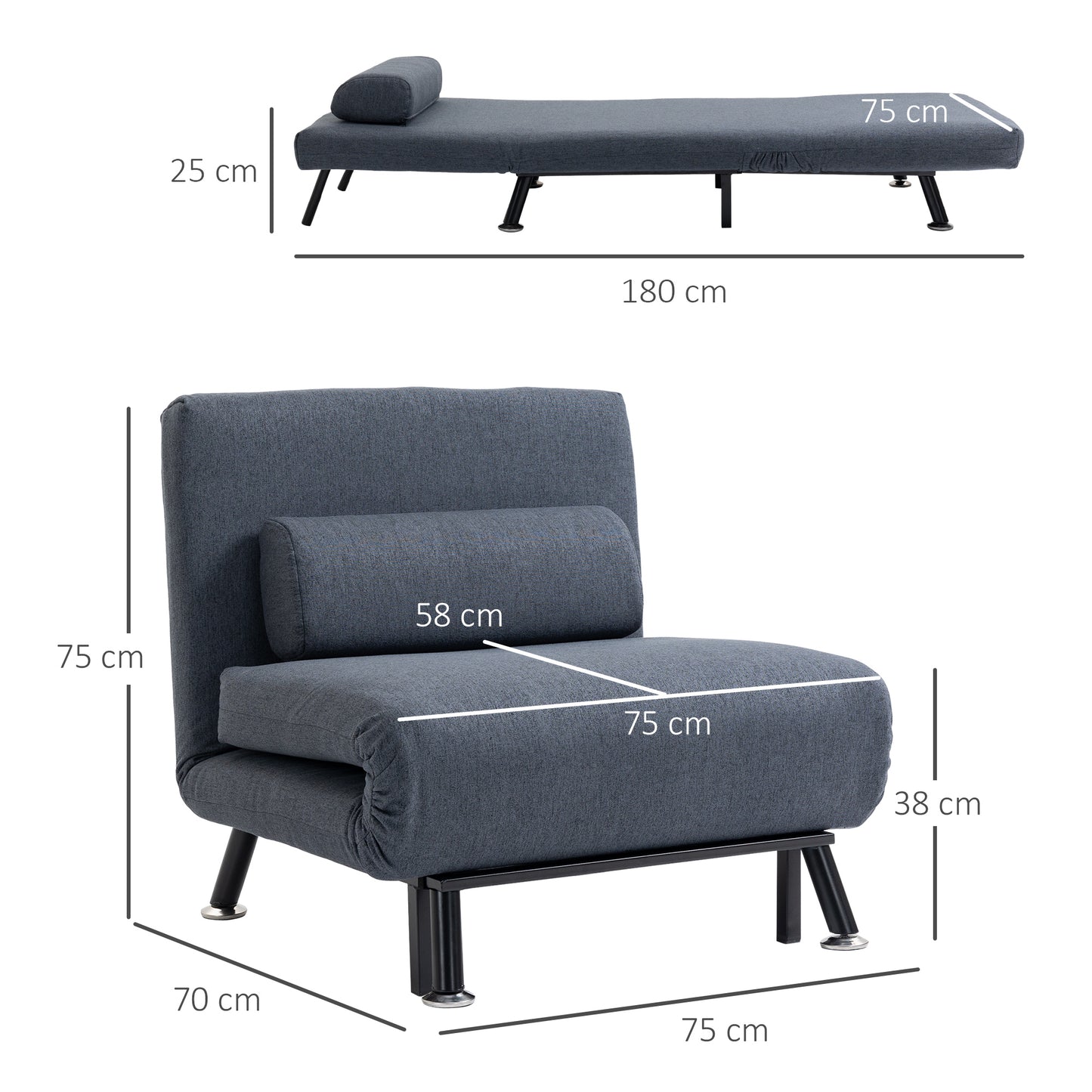 Raha Linen Dark Grey 3 In One Convertible Chair Bed With Adjustable Backrest And Pillow