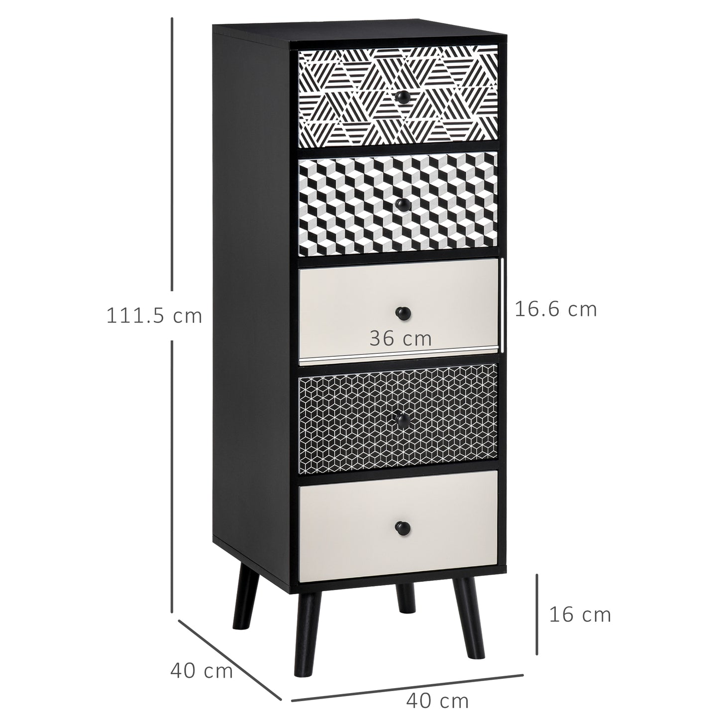 Rerora Scandi Monochrome Black and White Wooden Vertical 5 Drawer Storage Chest