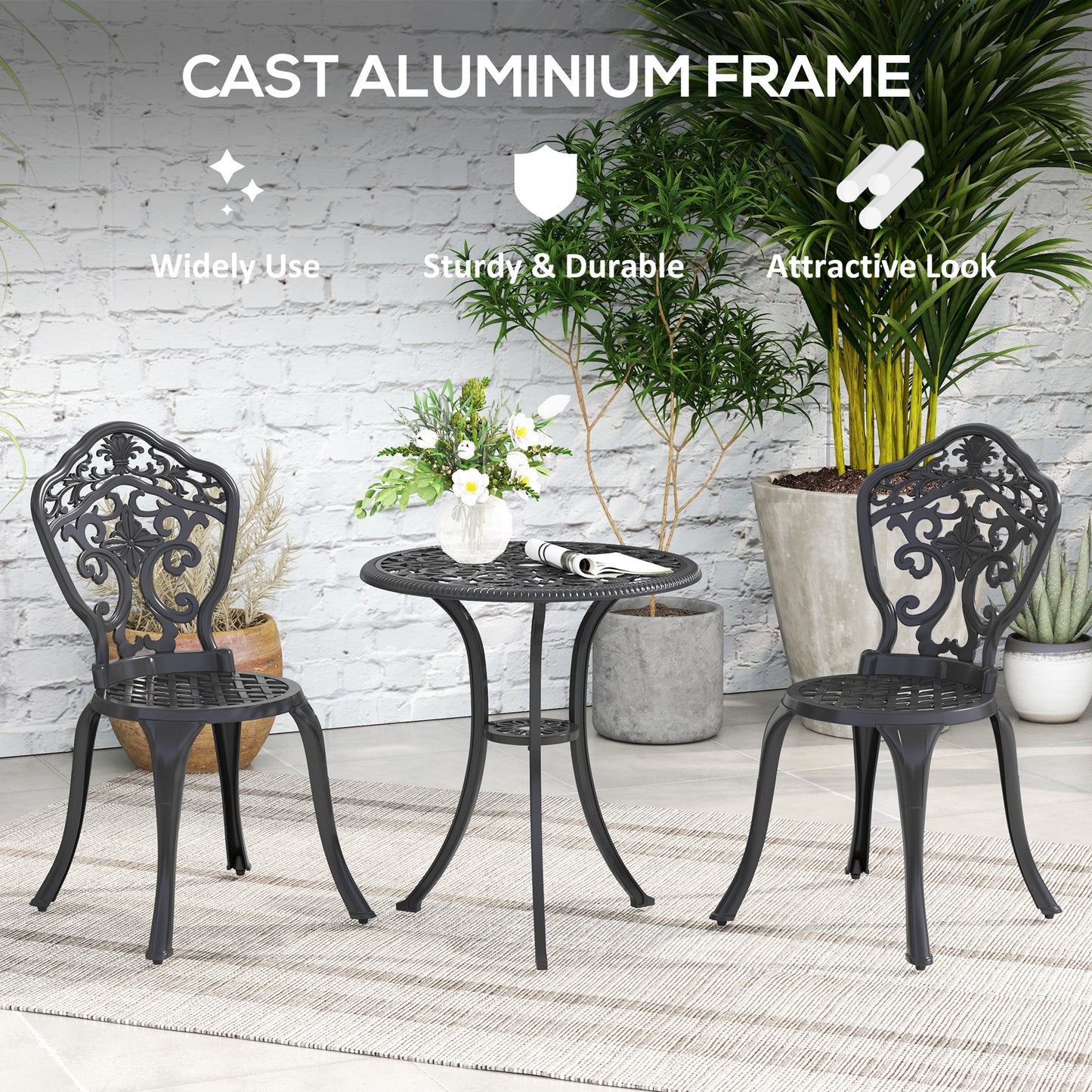 Rirara Aluminium Black 3 Piece Floral Outdoor Bistro Garden Set