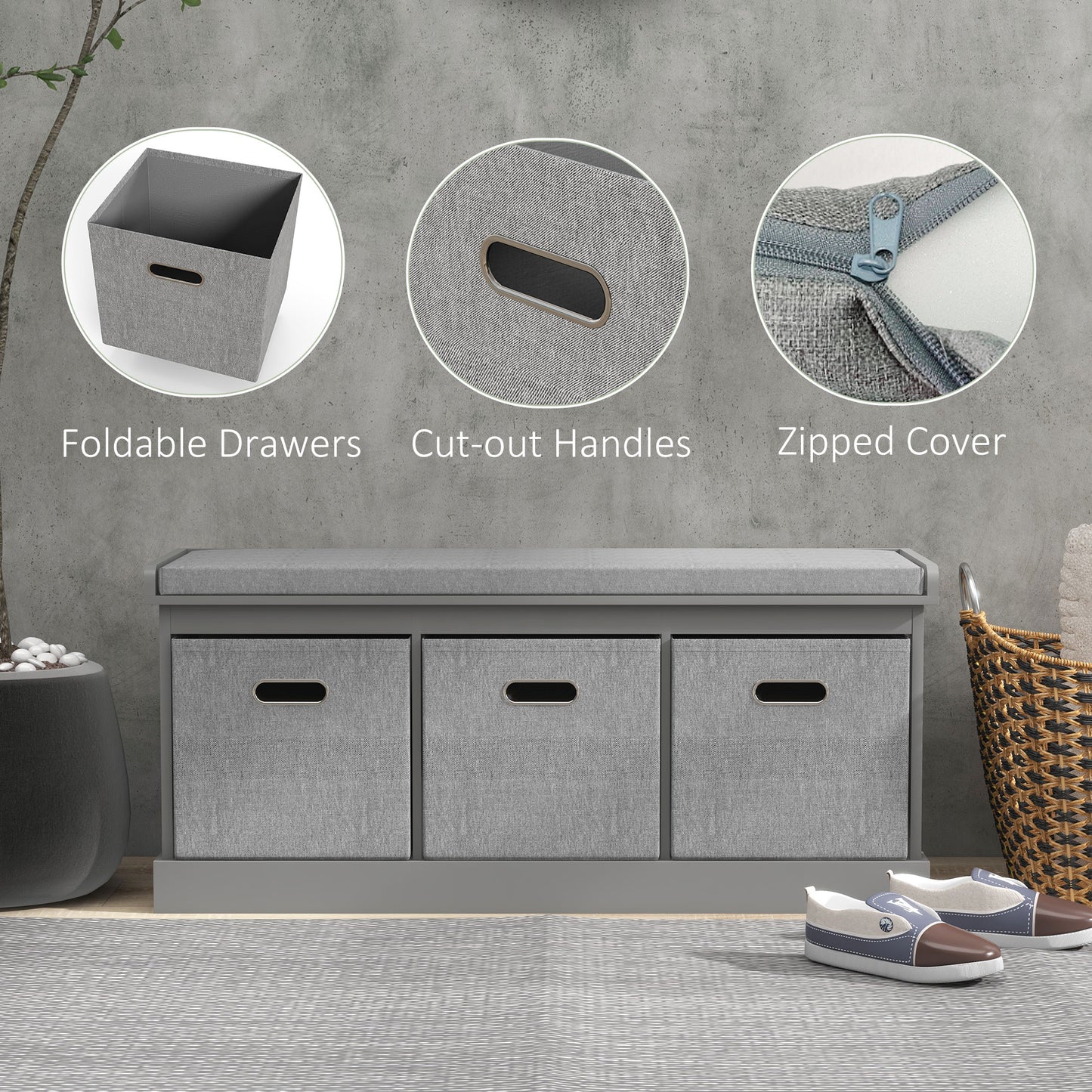 Marari Wooden Grey 3 Drawer Shoe Storage Bench With Padded Seat