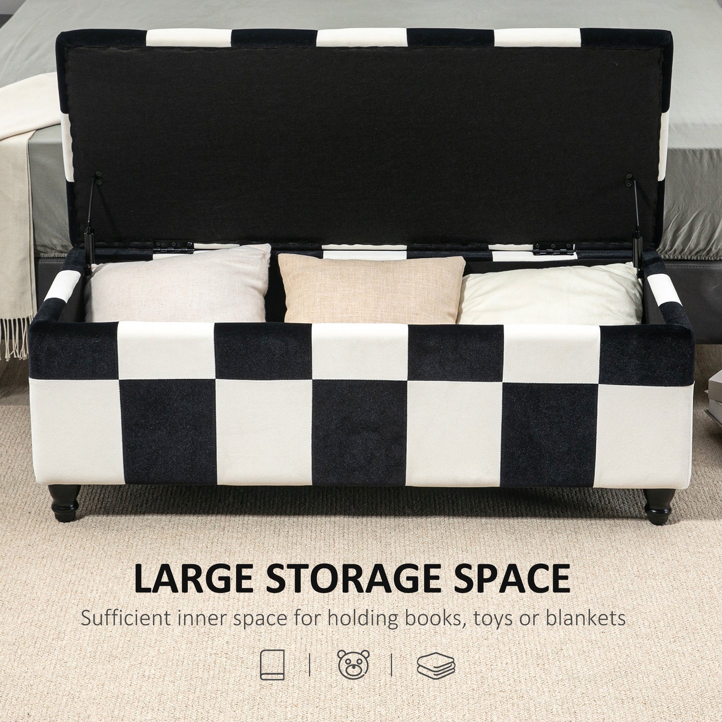 Tava Velvet Black and White Storage Bench With Wooden Legs For Bedroom