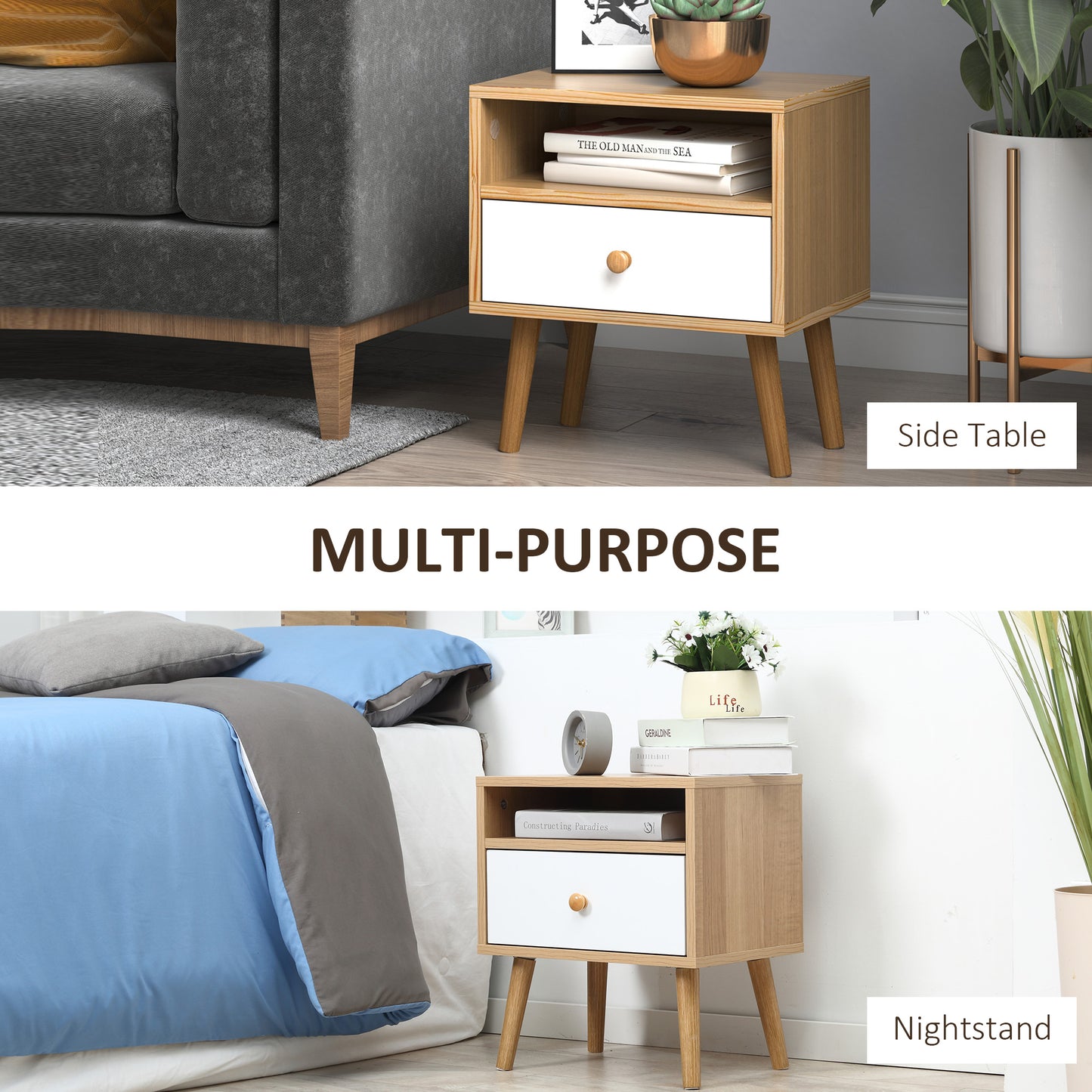 Sartok Set Of 2 Wooden Natural Bedside Tables With Drawer And Top Shelf