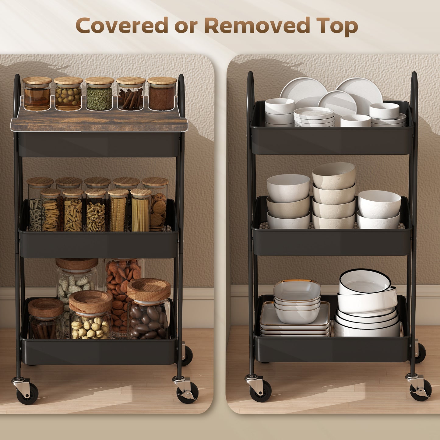 Rottola Wooden Rustic Brown And Black 3 Tier Kitchen Trolley With Covered Top