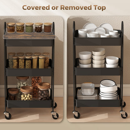 Rottola Wooden Rustic Brown And Black 3 Tier Kitchen Trolley With Covered Top