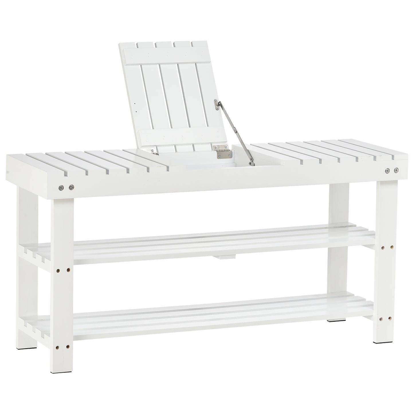 Mato Wooden White 3 Tier Slatted Shoe Bench With Hidden Compartment