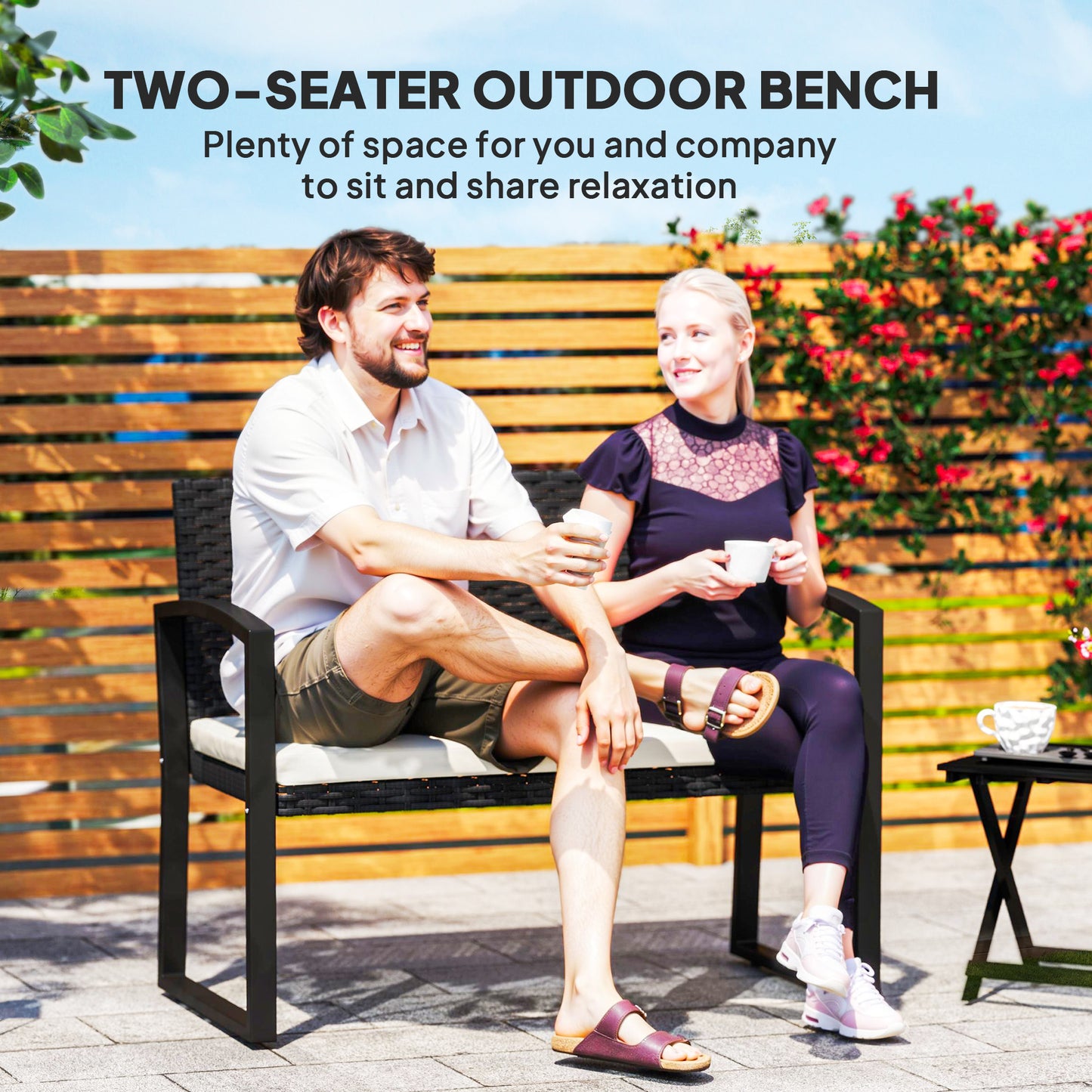 Lalepa Black Rattan Beige 2 Seater Outdoor Garden Bench