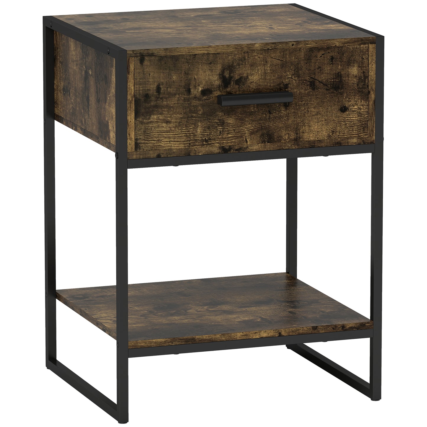 Likeli Rustic Brown Modern Bedside Table With Bottom Shelf and Drawer