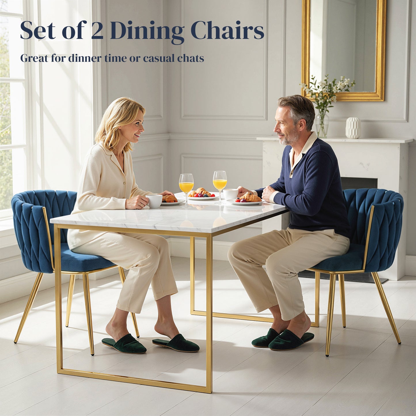 Sosura Set Of 2 Dark Blue Velvet Upholstered Dining Chairs With Woven Back And Arms