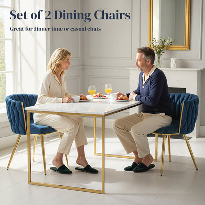 Sosura Set Of 2 Dark Blue Velvet Upholstered Dining Chairs With Woven Back And Arms