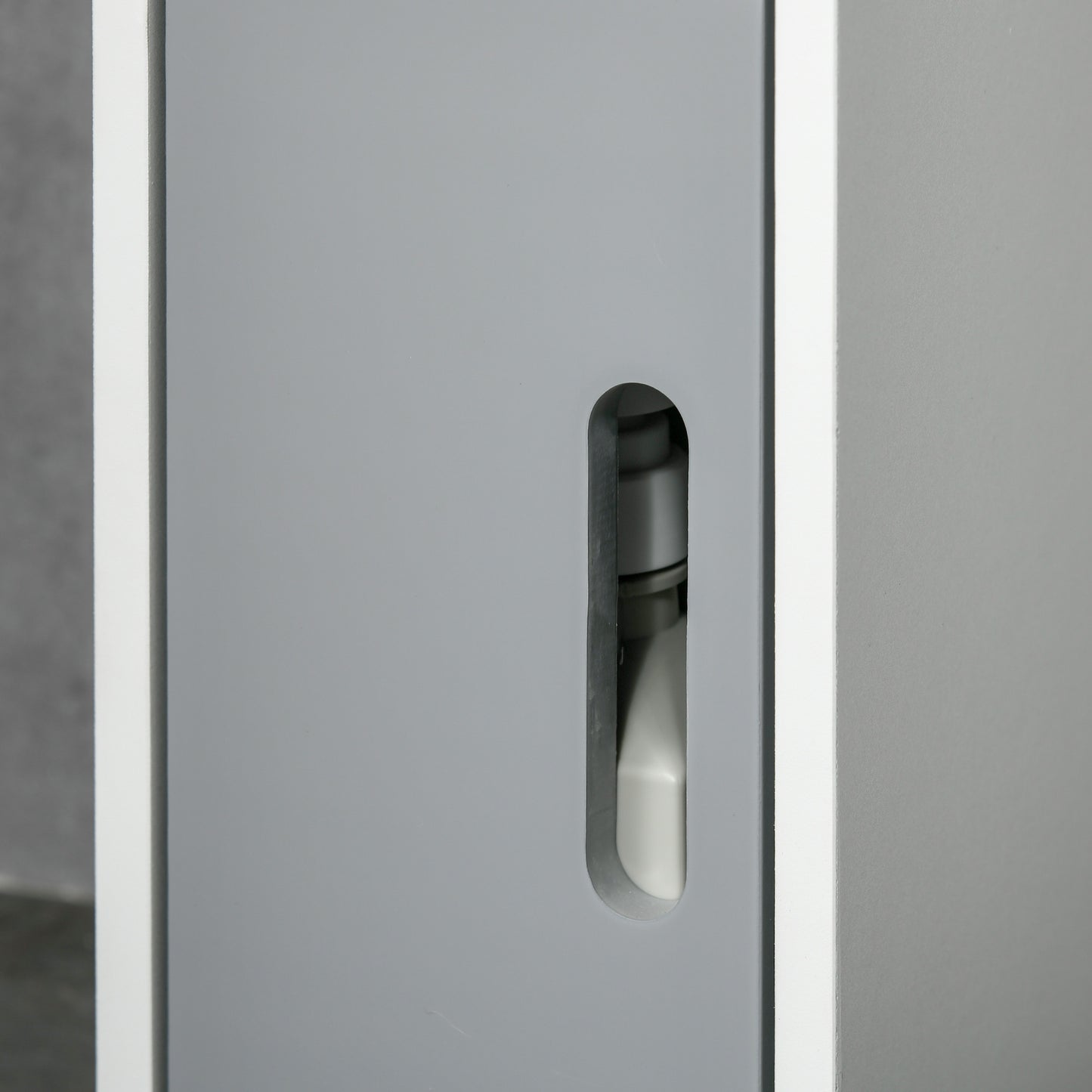 Dono Tall Freestanding Bathroom Storage Unit With OFauxn Shelves And Cupboards Grey