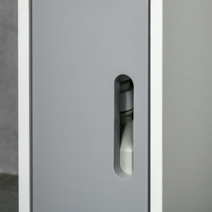 Dono Tall Freestanding Bathroom Storage Unit With OFauxn Shelves And Cupboards Grey