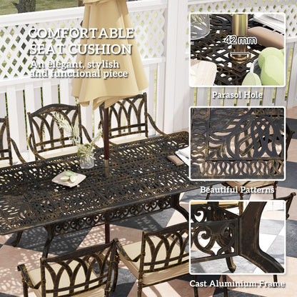 Vesuno 8 Seater Bronze Cast Aluminium Garden Dining Set Rectangular Table with Parasol Hole