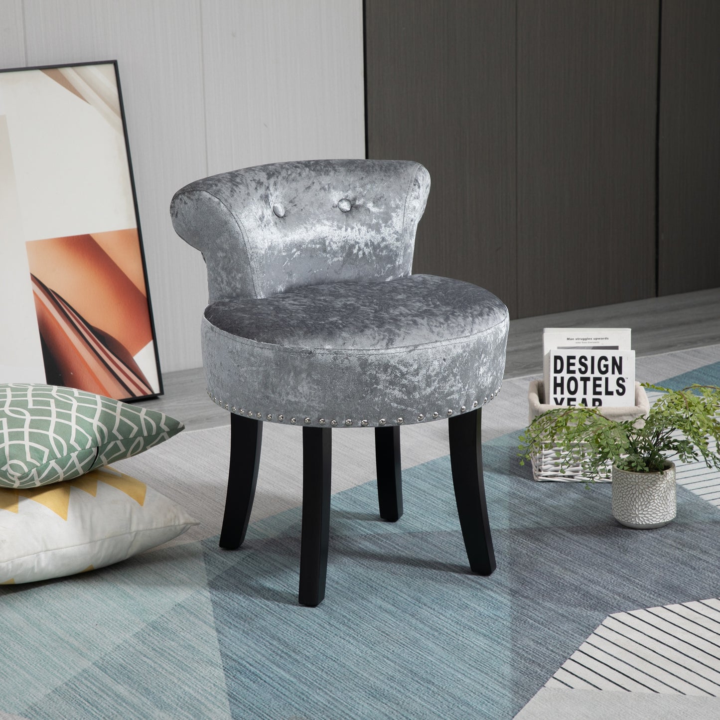 Mocareba Grey Velvet Dressing Table Stool With Rubber Wood Legs