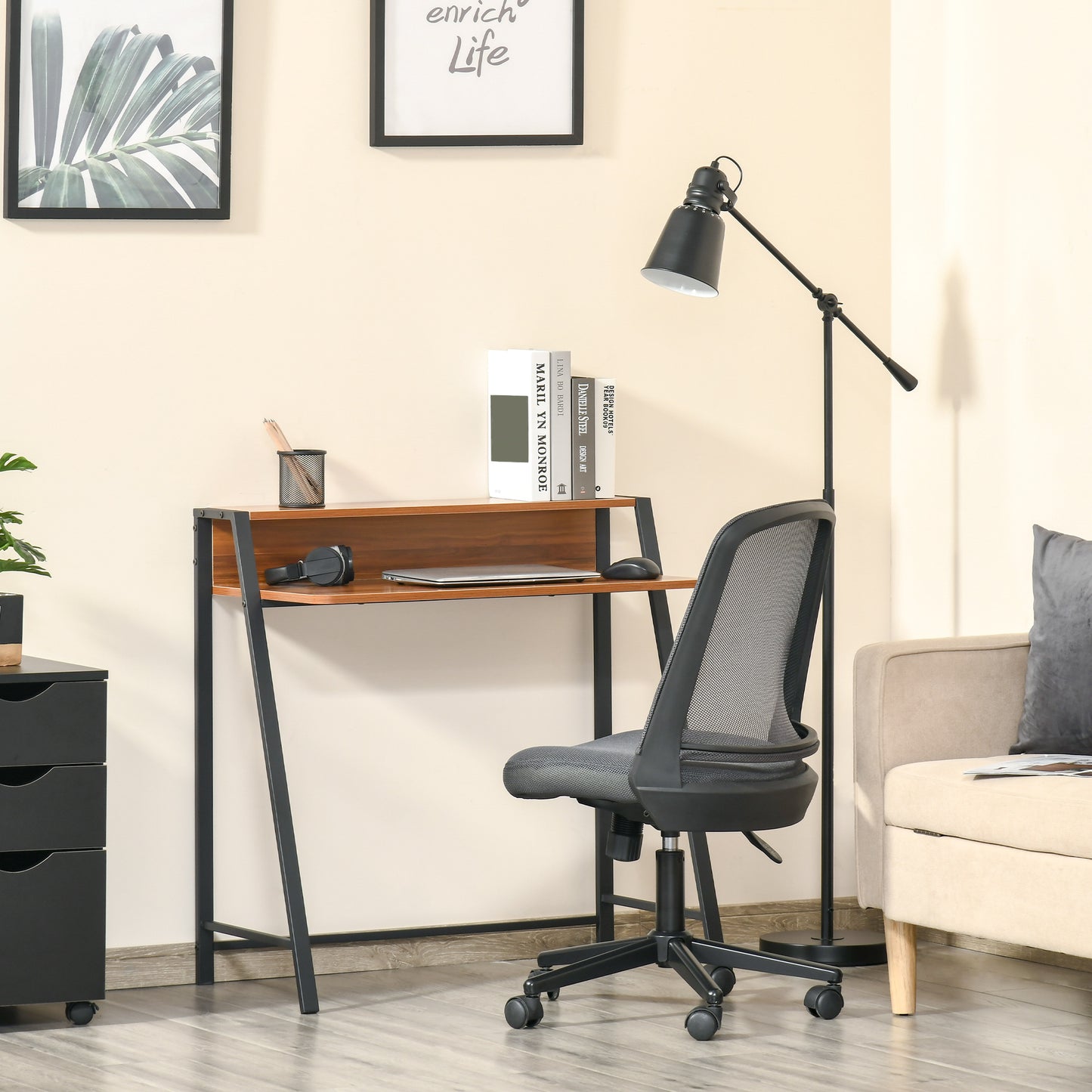 Mifaha 84cm Wooden Walnut Compact Writing Desk With Storage Shelf
