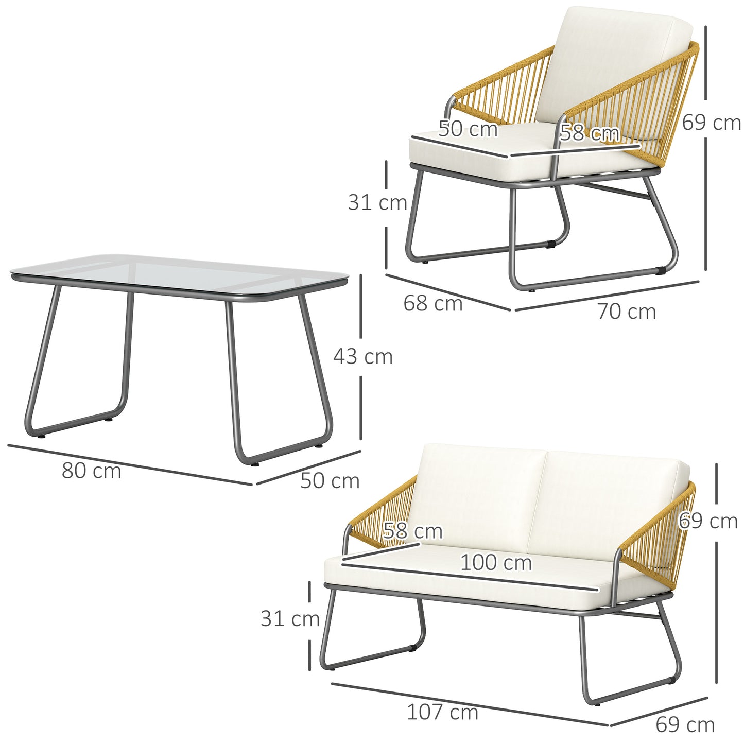 Lupano Natural Rattan Rope White Cushions 4 Seater Outdoor Sofa Set with Square Table