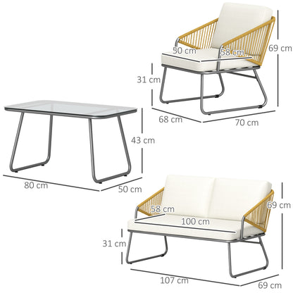 Lupano Natural Rattan Rope White Cushions 4 Seater Outdoor Sofa Set with Square Table