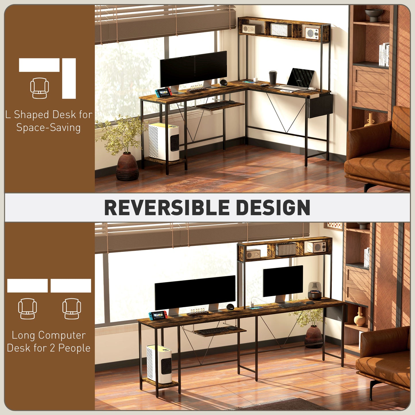 Ledoel 240cm Rustic Brown Reversible L Shaped Desk With Power Outlet Shelves And Keyboard Tray For 2 Users