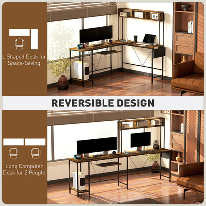 Ledoel 240cm Rustic Brown Reversible L Shaped Desk With Power Outlet Shelves And Keyboard Tray For 2 Users