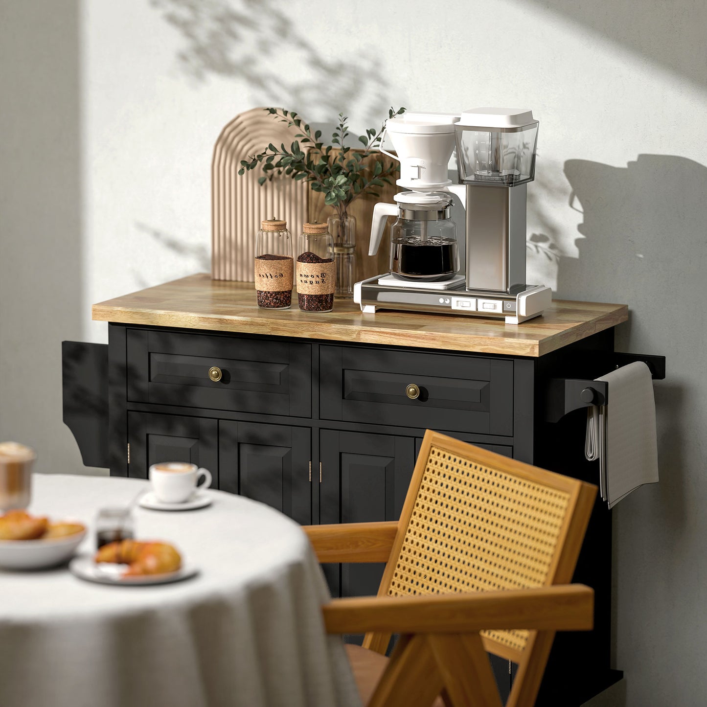 Telatti Rubberwood Top Black Rolling Kitchen Island With Drawers And Storage