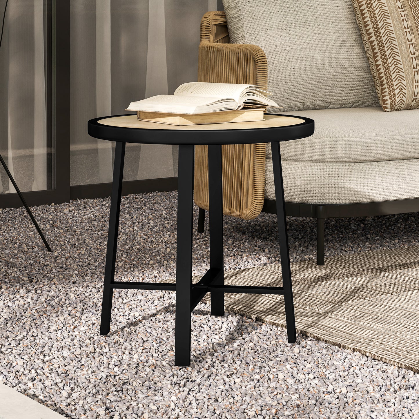 Moreve Black and Natural Wood Effect Round Outdoor Side Table With Steel Frame