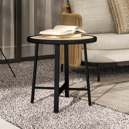 Moreve Black and Natural Wood Effect Round Outdoor Side Table With Steel Frame